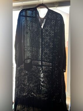 Johnny Was Black Embroidered Eyelet Semi-Sheer Maxi Duster Dress